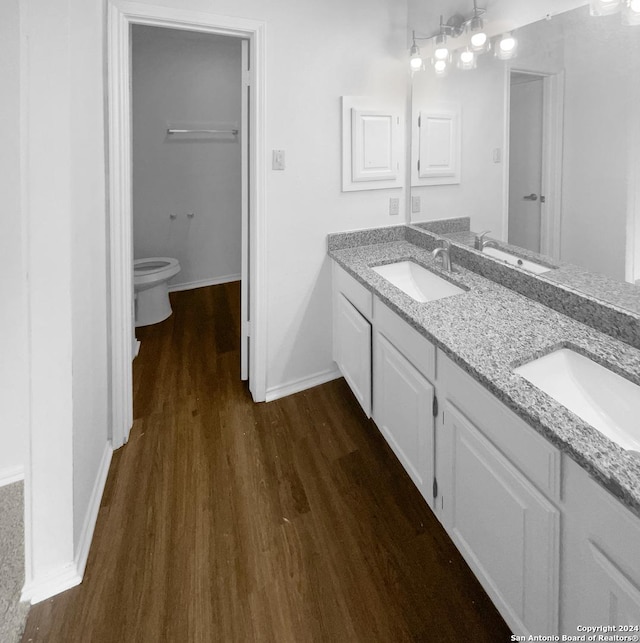 bathroom with hardwood / wood-style floors, vanity, and toilet