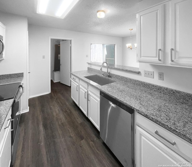 kitchen featuring white cabinets, sink, hanging light fixtures, stainless steel dishwasher, and a textured ceiling