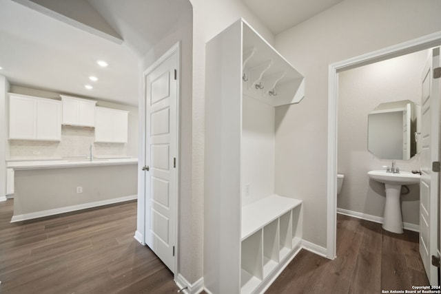 mudroom featuring vaulted ceiling, sink, and dark hardwood / wood-style floors