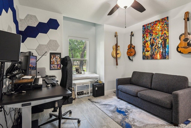 office area featuring ceiling fan and light wood-type flooring