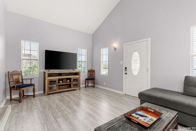 living room with light hardwood / wood-style floors and high vaulted ceiling