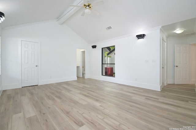 empty room with vaulted ceiling with beams, light hardwood / wood-style floors, and ceiling fan