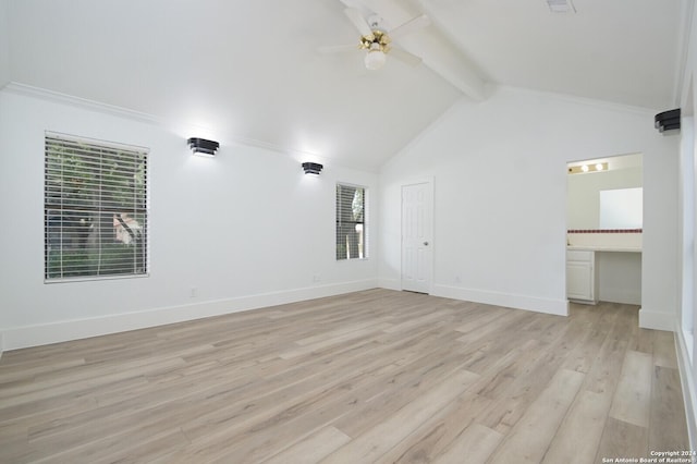 spare room featuring a wealth of natural light, light hardwood / wood-style flooring, beamed ceiling, and ceiling fan