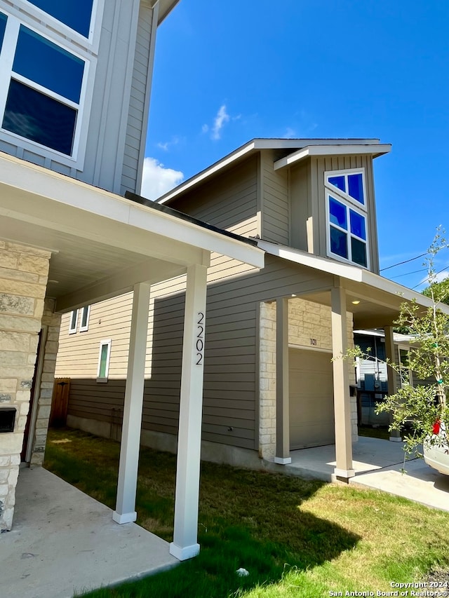 exterior space with a garage