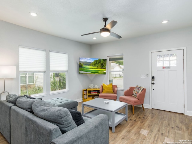 living room with ceiling fan and light hardwood / wood-style floors