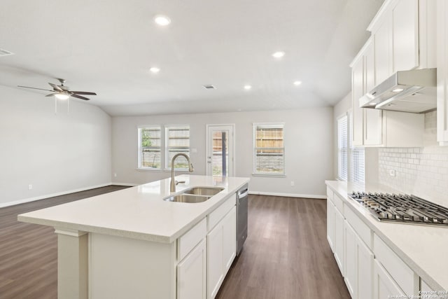 kitchen featuring a kitchen island with sink, under cabinet range hood, stainless steel appliances, a sink, and light countertops