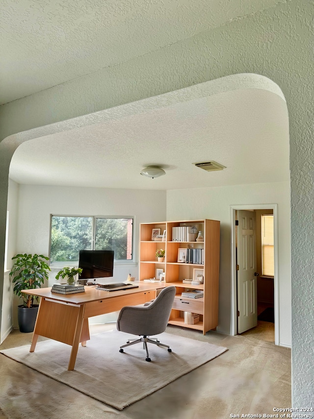 carpeted office space featuring a textured ceiling