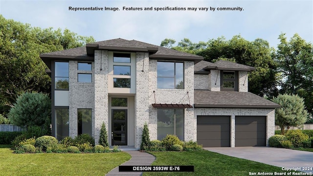 view of front facade featuring brick siding, a shingled roof, concrete driveway, an attached garage, and a front lawn