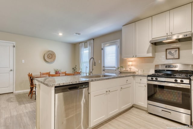 kitchen with kitchen peninsula, stainless steel appliances, white cabinets, and sink