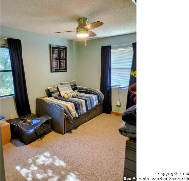 bedroom with carpet, ceiling fan, and a textured ceiling