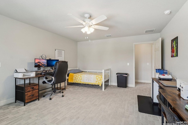 carpeted bedroom with ceiling fan