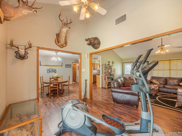 workout area with ceiling fan, high vaulted ceiling, and hardwood / wood-style flooring