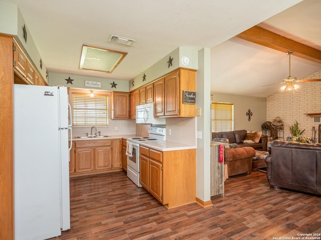 kitchen featuring brick wall, white appliances, ceiling fan, dark wood-type flooring, and sink