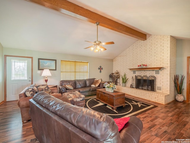 living room with lofted ceiling with beams, ceiling fan, dark hardwood / wood-style flooring, and a fireplace