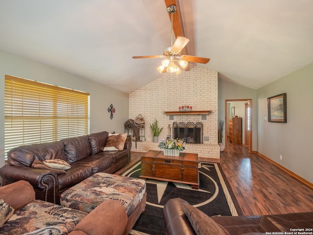 living room with hardwood / wood-style floors, ceiling fan, vaulted ceiling, and a brick fireplace