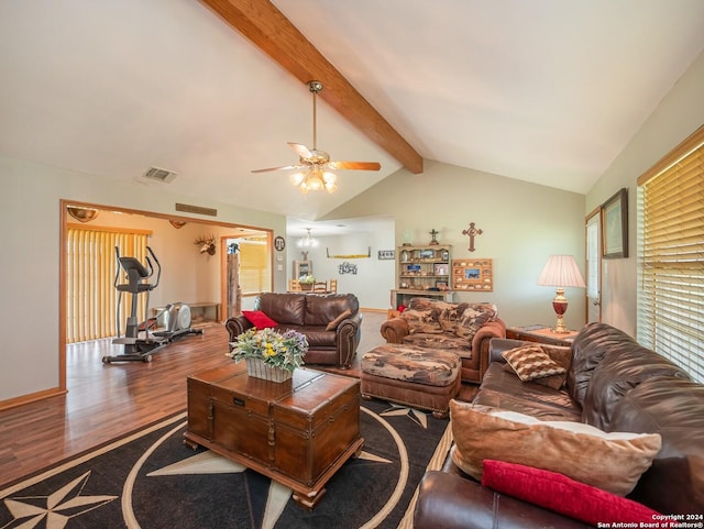 living room featuring vaulted ceiling with beams, ceiling fan, and hardwood / wood-style flooring