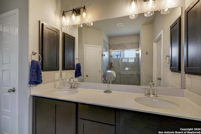 bathroom featuring vanity and a shower with shower door