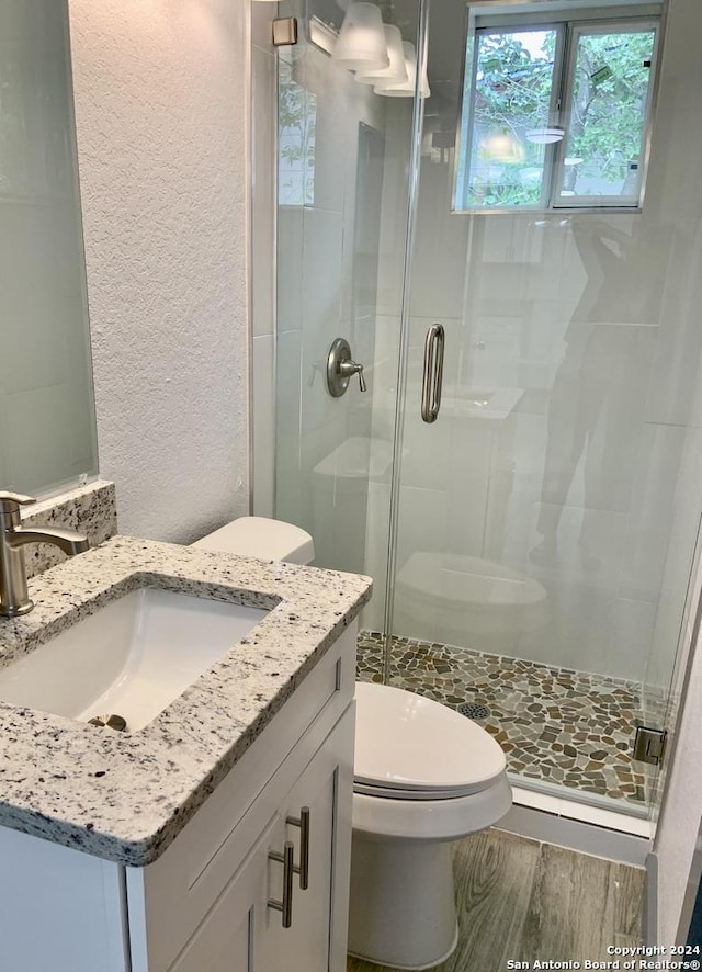 bathroom featuring a shower with door, vanity, hardwood / wood-style flooring, and toilet