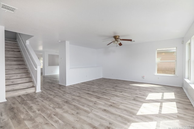 unfurnished living room with ceiling fan and light wood-type flooring