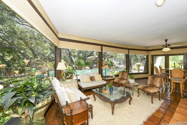 interior space featuring ceiling fan