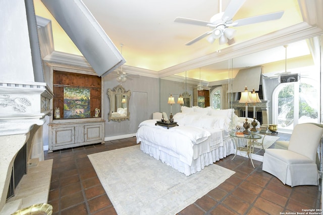 bedroom with ceiling fan and ornamental molding