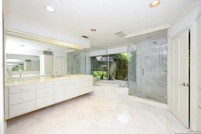 bathroom with vanity, ornamental molding, and shower with separate bathtub