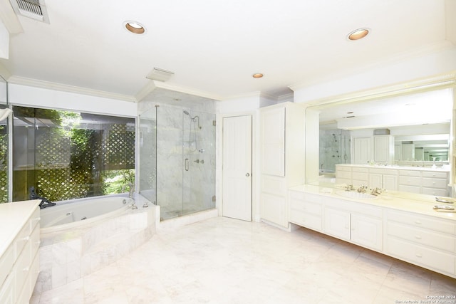 bathroom with plus walk in shower, crown molding, and vanity