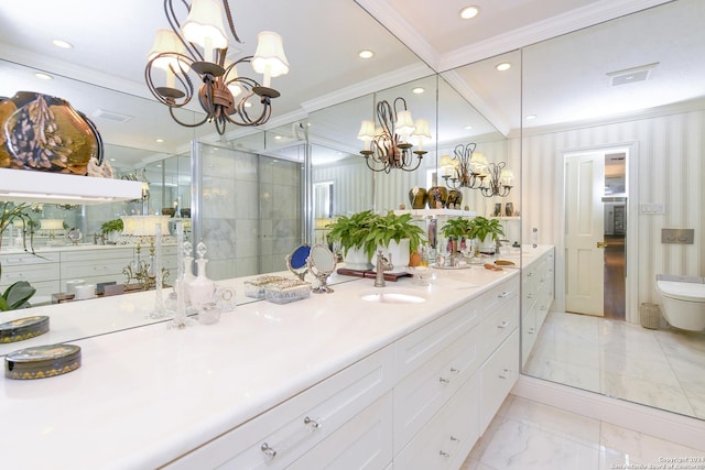 bathroom featuring vanity, an enclosed shower, ornamental molding, and a chandelier