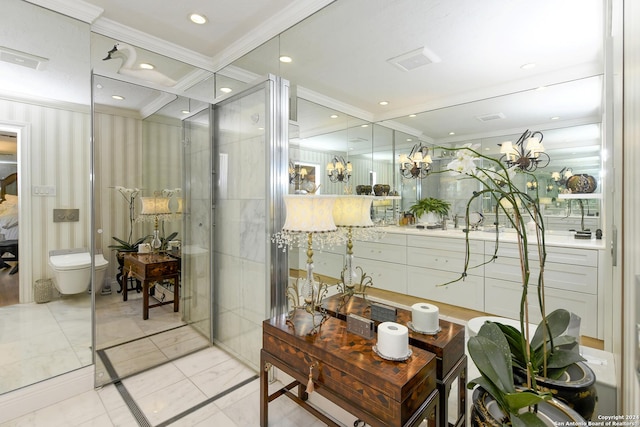 bathroom featuring tile patterned floors, toilet, and ornamental molding