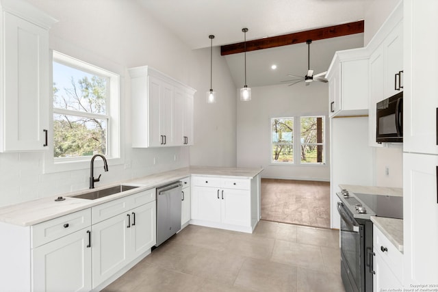 kitchen featuring white cabinetry, sink, kitchen peninsula, range with electric stovetop, and stainless steel dishwasher