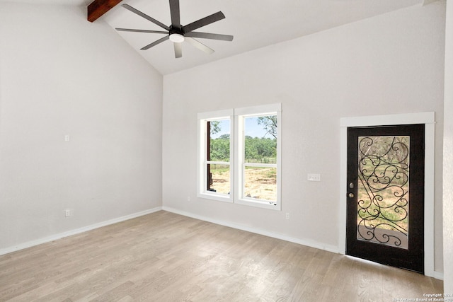 entrance foyer featuring beam ceiling, ceiling fan, high vaulted ceiling, and light hardwood / wood-style flooring