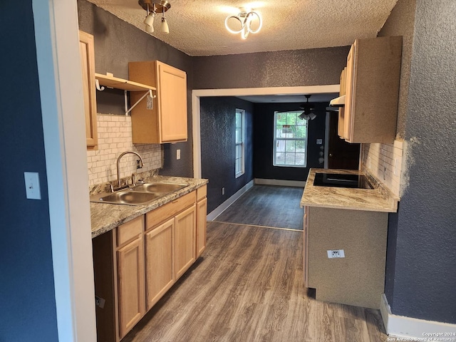 kitchen with light brown cabinetry, dark hardwood / wood-style flooring, tasteful backsplash, a textured ceiling, and sink