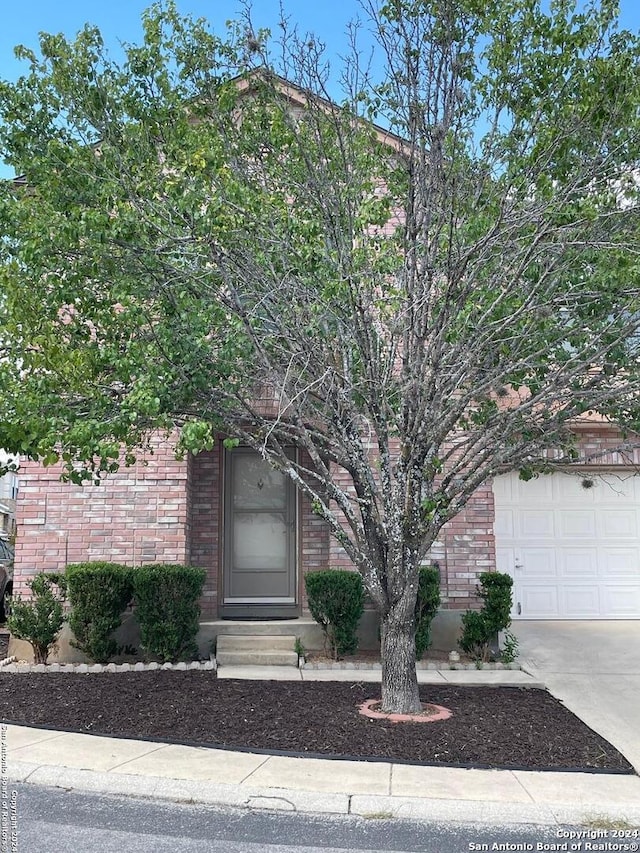 obstructed view of property with a garage