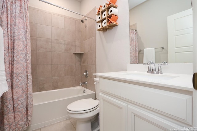 full bathroom featuring shower / bath combo with shower curtain, toilet, tile patterned floors, and vanity