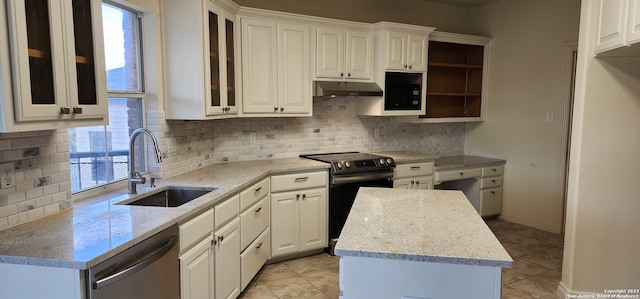 kitchen with sink, black electric range oven, tasteful backsplash, and white cabinetry