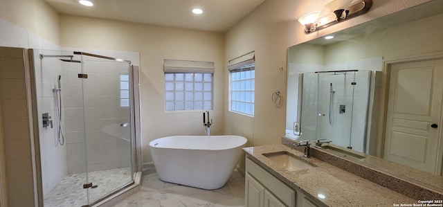 bathroom with vanity, tile patterned flooring, and an enclosed shower