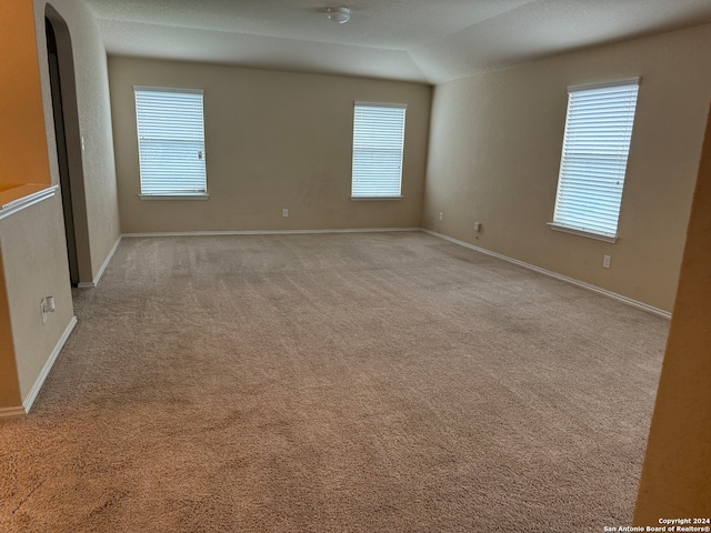 unfurnished room featuring light colored carpet, a wealth of natural light, and lofted ceiling