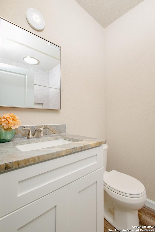 bathroom with vanity, wood-type flooring, and toilet