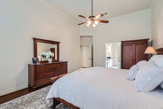 bedroom featuring dark hardwood / wood-style floors, crown molding, high vaulted ceiling, and ceiling fan