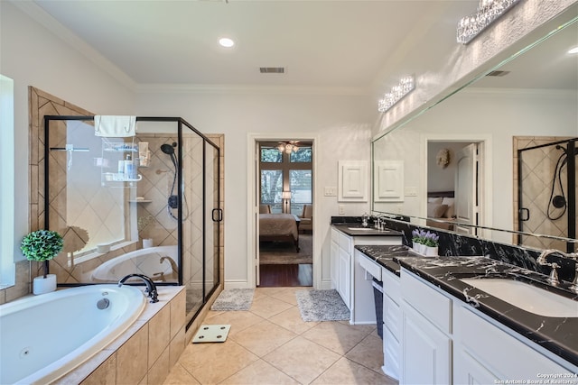 bathroom featuring shower with separate bathtub, wood-type flooring, ornamental molding, and double sink vanity