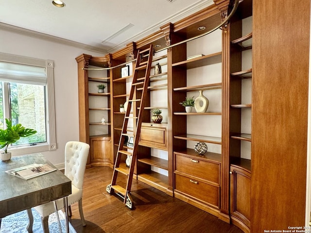 office area featuring ornamental molding and dark hardwood / wood-style flooring