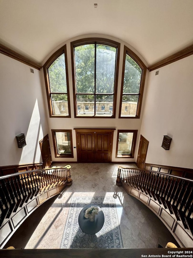 carpeted living room with ornamental molding and high vaulted ceiling