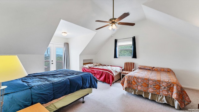 bedroom featuring carpet, ceiling fan, lofted ceiling, and access to outside