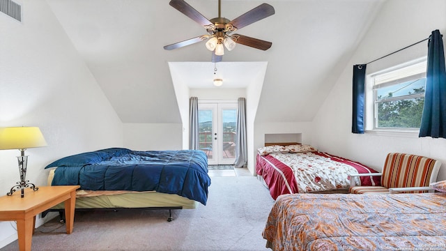 bedroom featuring carpet flooring, ceiling fan, access to exterior, and vaulted ceiling