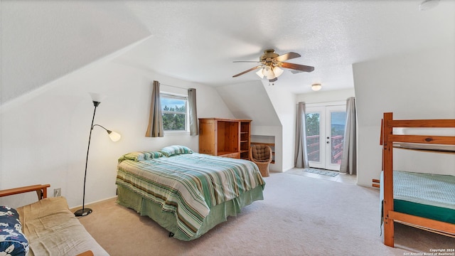 bedroom featuring access to exterior, ceiling fan, light carpet, and lofted ceiling