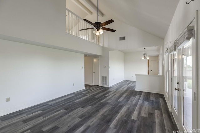 unfurnished living room featuring high vaulted ceiling, dark hardwood / wood-style floors, beam ceiling, and ceiling fan