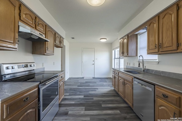 kitchen featuring stainless steel appliances, dark hardwood / wood-style flooring, and sink