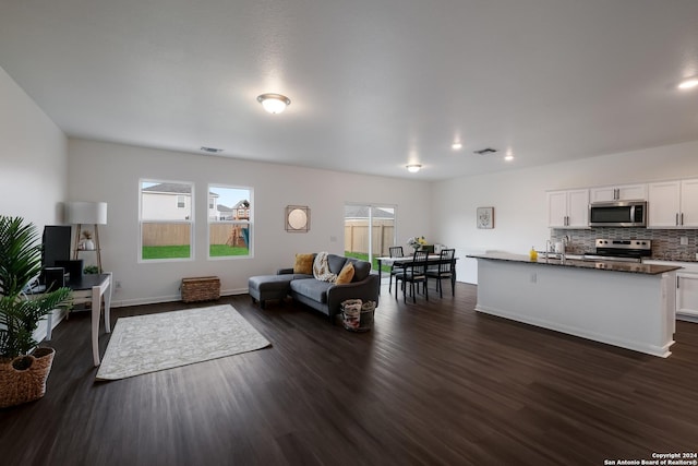 living room with dark wood-type flooring and sink