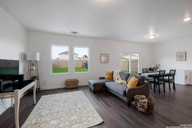 living room with dark hardwood / wood-style flooring