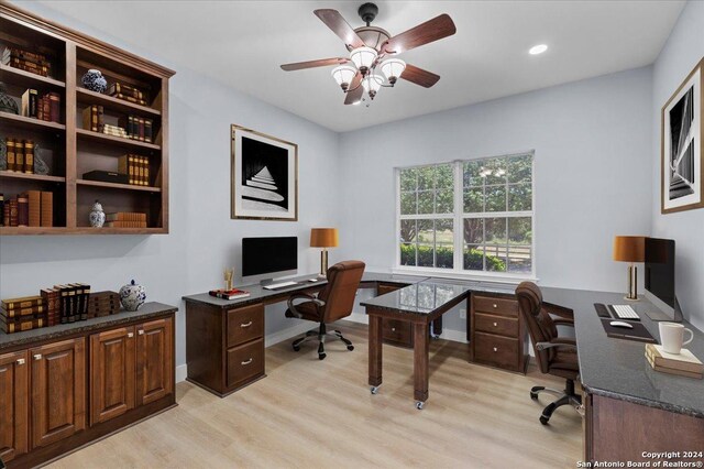 office area featuring ceiling fan and light hardwood / wood-style flooring